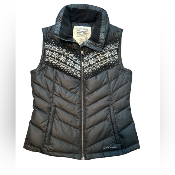 Eddie Bauer XS Black Goose Down Fair Isle Quilted Puffer Vest Warm Cozy Granola - Picture 1 of 14